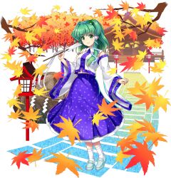 1girl autumn_leaves blue_hairband breasts closed_mouth detached_sleeves falling_leaves frog_hair_ornament full_body game_cg gohei green_eyes green_hair green_shoes hair_ornament hair_tubes hairband highres holding holding_gohei kochiya_sanae kochiya_sanae_(faith) leaf long_skirt looking_at_viewer medium_hair mountain_of_faith official_art purple_skirt rock rope rotte_(1109) shide shimenawa shirt shoes single_hair_tube skirt smile snake_hair_ornament socks solo third-party_source touhou touhou_lostword transparent_background white_shirt white_socks wide_sleeves