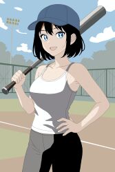 1girl baseball baseball_bat baseball_cap black_hair black_pants blue_eyes blue_sky female_focus field hands_on_own_hips happy hat highres holding holding_baseball_bat ibispaint_(medium) mogami_akari_(original) open_mouth original pants pixiv_id playing_sports sky smile solo standing star_(symbol) sweat tagme tank_top white_tank_top