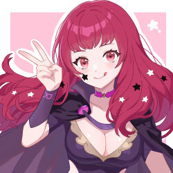 Rule 34 | 1girl, :q, absurdres, arm up, black cape, blush, bodysuit, breasts, cape, choker, cleavage, clothing cutout, commentary request, facial mark, fire emblem, fire emblem engage, hair ornament, hand up, highres, long hair, looking at viewer, medium breasts, n 54, nintendo, pink choker, purple bodysuit, red eyes, red hair, side cutout, smile, solo, star (symbol), star facial mark, star hair ornament, tongue, tongue out, upper body, v, yunaka (fire emblem)