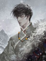 1boy artist_name bead_necklace beads black_coat black_hair blizzard chinese_clothes chinese_commentary closed_eyes closed_mouth coat coat_partially_removed collared_shirt commentary_request dao_mu_bi_ji expressionless floating_hair fur-trimmed_coat fur-trimmed_shirt fur_trim grey_shirt high_collar jewelry lips long_sleeves male_focus mandarin_collar mountain necklace outdoors realistic shirt short_hair snowing solo storm thick_eyebrows upper_body watermark wind winter ye_dian_pikaqiu zhang_qiling