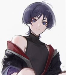 1boy antenna_hair armpit_crease black_bodysuit black_eyes black_hair black_kimono black_sleeves bodysuit bright_pupils closed_mouth eyeliner eyeshadow genshin_impact highres japanese_clothes juban kimono layered_sleeves looking_at_viewer looking_down makeup male_focus mandarin_collar open_clothes open_kimono purple_sleeves red_eyeliner red_eyeshadow red_kimono scaramouche_(genshin_impact) sgm618 short_sleeves shoulder_peek single_off_shoulder solo twitter_username upper_body white_background white_kimono white_pupils wispy_bangs