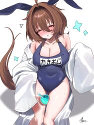 1girl :o absurdres agnes_tachyon_(umamusume) animal_ears between_legs blue_one-piece_swimsuit blush breasts brown_hair cleavage commentary_request fake_animal_ears hair_between_eyes highres horse_girl horse_tail lab_coat large_breasts one-piece_swimsuit rabbit_ears red_eyes school_swimsuit short_hair signature simple_background sitting sleeves_past_fingers sleeves_past_wrists solo swimsuit tail takatu_nanto thighs umamusume white_background