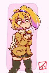 1girl akita_neru black_skirt black_thighhighs blonde_hair blush_stickers commentary corrupted_twitter_file feet_out_of_frame foil food hair_tie holding holding_food jacket looking_at_object looking_down medium_hair miniskirt pink_background pleated_skirt roasted_sweet_potato scarf side_ponytail signature skindentation skirt smith_hioka solo standing steam sweet_potato thighhighs vocaloid yellow_eyes yellow_jacket yellow_scarf zettai_ryouiki