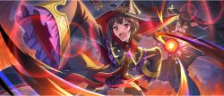 1girl :d black_hat black_robe black_thighhighs brown_hair child demon game_cg glowing glowing_eye gold_trim hair_tie hat hat_ornament highres host_(konosuba) komekko kono_subarashii_sekai_ni_shukufuku_wo! konosuba!_fantastic_days long_sleeves magic multicolored_robe official_alternate_costume official_art open_mouth outstretched_arms oversized_clothes purple_brooch red_eyes red_hat robe short_hair short_twintails sidelocks smile spread_arms star_(symbol) star_hat_ornament thighhighs twintails two-sided_fabric two-sided_headwear v-shaped_eyebrows witch_hat zettai_ryouiki