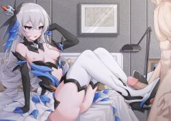 1boy 1girl abs bed blush breasts breasts_out bronya_zaychik bronya_zaychik_(herrscher_of_reason) clothed_female_nude_male dress drill_hair elbow_gloves erection footjob gloves grey_eyes grey_hair high_heels honkai_(series) honkai_impact_3rd long_hair muscular muscular_male nipples no_panties nude on_bed open_mouth penis shoejob small_breasts smile testicles thighhighs thighs twin_drills uncensored white_thighhighs wood_cube