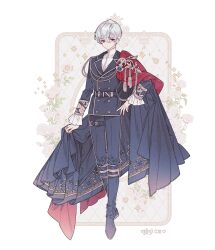 Rule 34 | 1boy, belt, boots, cape, closed mouth, commentary, commission, dress, floral background, flower, full body, lemon89h, long sleeves, looking at viewer, male focus, military, military uniform, original, pants, red eyes, rococo movement, solo, standing, white hair