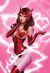 1girl blonde_hair blue_eyes boots brown_hair corset elbow_gloves elias_chatzoudis gloves heart heart_pasties looking_at_viewer marvel panties pantyhose pasties pink_background pink_pantyhose red_boots red_corset red_gloves red_panties red_pasties scarlet_witch signature solo thigh_boots underwear valentine wanda_maximoff
