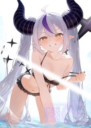 Rule 34 | 1girl, ahoge, bikini, bikini day, blush, breasts, censored, collarbone, commentary request, frilled bikini, frills, highres, hololive, horns, la+ darknesss, long hair, motoi (croa76), multicolored hair, navel, pointy ears, small breasts, solo, streaked hair, swimsuit, twintails, unfinished, watermark, white background, yellow eyes