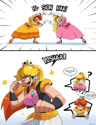 2022 2girls absurdres blonde_hair blue_eyes breasts brown_hair cleavage crossover crown dragon_ball dragonball_z dress earrings evil_grin evil_smile female_focus flower_earrings fusion fusion_dance grin highres jewelry long_hair looking_at_viewer mario_(series) multiple_girls nintendo orange_dress parody pink_dress princess_daisy princess_peach smile tagme thegreyzen transformation