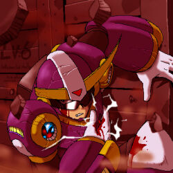 1boy against_wall android armor ballade_(mega_man) blood blood_on_armor blood_on_gloves clenched_teeth commentary commentary_request crack cracked_armor cracked_helmet electricity english_commentary gloves hand_on_own_chest helmet injury korean_commentary lowres male_focus mega_man_(classic) mega_man_(series) mega_man_iv mixed-language_commentary napo purple_armor purple_helmet rubble solo sparks sunglasses teeth white_gloves