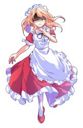1girl apron black_ribbon blonde_hair commentary_request dairi dress frilled_apron frilled_dress frills full_body hand_up highres large_variant_set long_hair looking_at_viewer maid_headdress neck_ribbon pantyhose parted_lips red_dress red_shoes ribbon shaded_face shoes short_sleeves solo standing touhou touhou_(pc-98) transparent_background variant_set white_apron white_pantyhose yellow_eyes yumeko_(touhou)