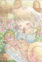 Rule 34 | 1girl, animal, animal ears, basket, brown hair, closed eyes, dress, eating, floral print, flower, garden, hamster, hamster ears, hamster girl, hat, highres, original, painting (medium), pinafore dress, puffy sleeves, seed, sitting, sleeveless, sleeveless dress, straw hat, sunflower seed, tato (kunikida-3), traditional media, watercolor (medium)