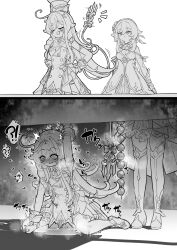 !? 2girls ? ?? ahoge anal anal_beads blush chef_hat escoffier_(genshin_impact) female_ejaculation flower genshin_impact hair_flower hair_ornament hat heart highres long_hair lucifina_006 lumine_(genshin_impact) multiple_girls pussy_juice pussy_juice_puddle sex_toy short_hair_with_long_locks wrist_cuffs yuri