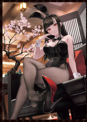 1girl animal_ears bare_arms bare_shoulders black_hair black_hairband black_leotard black_shoes blunt_bangs bonsai bow bowtie breasts cleavage couch crossed_legs detached_collar earrings fake_animal_ears feet grey_pantyhose grin hair_ornament hairband hairclip hand_up high_heels highleg highleg_leotard highres hoop_earrings jewelry large_breasts leg_up leotard long_hair looking_at_viewer mole mole_under_eye on_couch original pantyhose playboy_bunny pumps rabbit_ears red_eyes red_soles rokuwata_tomoe shoe_dangle shoes sidelocks sitting smile solo stiletto_heels strapless strapless_leotard thighs toes wrist_cuffs