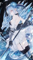 1girl black_thighhighs blue_flower blue_hair crystal_tail dragon_girl dragon_horns dress filene_(shadowverse) flower garter_straps gauntlets hair_flower hair_ornament highres holding holding_polearm holding_weapon horns medium_hair pink_eyes pointy_ears polearm renoahh shadowverse shadowverse:_worlds_beyond solo thighhighs weapon white_dress
