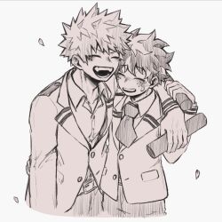 Rule 34 | arm around shoulder, arm up, baa str, bakugou katsuki, belt, belt buckle, blush, boku no hero academia, buckle, closed eyes, collarbone, collared shirt, commentary request, cropped legs, crying, falling petals, freckles, grey background, greyscale, highres, holding, holding tube, jacket, long sleeves, midoriya izuku, monochrome, necktie, open collar, open mouth, pants, parted bangs, petals, school uniform, shirt, short hair, side-by-side, simple background, suit jacket, tears, teeth, u.a. school uniform, upper teeth only, wing collar