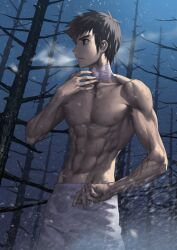 1boy abs bandaged_neck bandages bare_tree biceps blue_background blue_sky breath brown_eyes brown_hair cowboy_shot fate/grand_order fate_(series) game_cg hand_on_own_neck hand_up koyama_hirokazu male_focus multiple_scars navel night nipples official_art pants parted_lips pectorals scar scar_on_arm scar_on_chest scar_on_stomach shizuki_soujuurou short_hair sky snowing solo third-party_source toned toned_male topless_male tree v-shaped_eyebrows white_pants