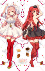 1girl :t absurdres arm_up armpits black_dress black_ribbon blush braid breasts brown_footwear cleavage closed_mouth commentary_request dakimakura_(medium) detached_sleeves dress frilled_sleeves frills hair_between_eyes hair_ribbon high_heels highres indie_virtual_youtuber long_hair long_sleeves medium_breasts multiple_views nail_polish no_shoes parted_lips pink_hair pink_nails pinku_(vtuber) pout red_eyes red_hair red_thighhighs ribbon rosuuri shoes single_shoe sleeveless sleeveless_dress soles thighhighs very_long_hair virtual_youtuber white_dress white_ribbon white_sleeves wide_sleeves
