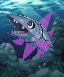 absurdres air_bubble black_eyes bubble commentary_request fish highres jira_(ziraiya26) light_rays nintendo no_humans open_mouth pink_pupils pokemon pokemon_(creature) pokemon_focus solo teeth tongue underwater veluza