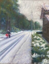 Rule 34 | 1boy, building, bush, cloud, cloudy sky, delivery, hedge, highres, house, motor vehicle, motorcycle, nature, norako pastel, original, painting (medium), pastel (medium), power lines, riding, sky, snow, traditional media, tree, utility pole, white sky, window, winter, wooden wall