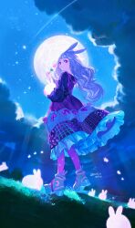 1girl animal animal_ears black_shirt blue_hair blue_shoes blunt_bangs cloud crescent_print dango facing_away flying_animal food frilled_skirt frills full_body full_moon glowing_animal holding holding_animal holding_food holding_rabbit holding_skewer long_hair long_sleeves looking_at_viewer looking_back moon night night_sky original overall_skirt pantyhose patchwork_clothes pink_eyes pink_pantyhose pink_skirt pofu31 rabbit rabbit_ears sanshoku_dango shirt shoes shooting_star signature skewer skirt sky solo star_(sky) star_(symbol) star_print starry_sky twitter_username wagashi white_rabbit_(animal)