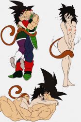 Rule 34 | 1boy, 1girl, ass, bardock, black eyes, black hair, blush, breasts, couple, dragon ball, embarrassed, gine, grabbing another&#039;s ass, grey background, groping, hug, husband and wife, kiss, muscular, muscular male, nala1588, nipples, saiyan, scar, scar on face, tail, thick thighs, thighs