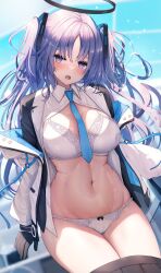 1girl absurdres black_gloves black_skirt blue_archive blue_eyes blue_hair blue_necktie blush bow bow_panties bra breasts collared_shirt commentary_request gloves halo highres large_breasts liya long_hair long_sleeves looking_at_viewer mechanical_halo navel necktie open_mouth outdoors panties parted_bangs shirt shirt_down skirt solo stomach thighs two_side_up underwear variant_set white_bra white_shirt yuuka_(blue_archive)