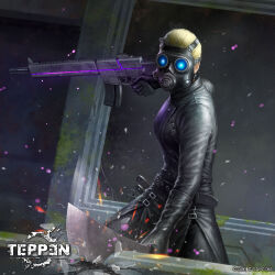 1girl assault_rifle asymmetrical_dual_wielding blonde_hair blue_eyes capcom copyright_logo copyright_notice dual_wielding finger_on_trigger gas_mask glowing glowing_eyes gun highres holding kuroiwa_enu machete mask michaela_schneider official_art paramilitary rail_(weapon) resident_evil resident_evil:_operation_raccoon_city rifle sparks teppen weapon