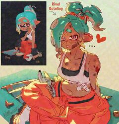 1girl aqua_hair artist_name black_bra black_sports_bra bra bra_strap breasts cleavage clothes_around_waist freckles killartzzz large_breasts looking_at_viewer mechanic_(splatoon_raiders) nintendo octoling octoling_girl octoling_player_character orange_eyes reference_image solo solo_focus splatoon_(series) splatoon_raiders sports_bra sweater sweater_around_waist tattoo tentacle_hair underwear wrench
