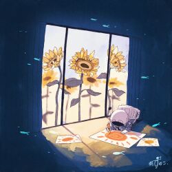1other absurdres artist_name backpack bag blue_jacket commentary crayon crayon_drawing curtains dark drawing_(action) drawing_(object) feet_up fish flower flying_fish glass_door gloves helmet highres holding holding_crayon indoors jacket kazunoko_(kazunoko_zunoco) leaf lying on_stomach original other_focus paper radio_antenna shadow signature solo space_helmet sun sunflower sunlight the_pose white_gloves yellow_flower