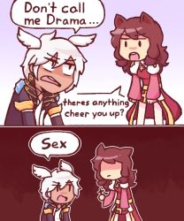 Rule 34 | 1boy, 1girl, animal ears, arch bishop (ragnarok online), black coat, blckbrd17, brown hair, cat ears, cat girl, closed mouth, coat, commentary, cross, dark-skinned male, dark skin, dress, english commentary, english text, engrish text, feathered wings, frown, head wings, juliet sleeves, long hair, long sleeves, looking at another, open clothes, open coat, open mouth, puffy sleeves, ragnarok online, ranguage, sash, shirt, short hair, two-tone dress, upper body, warlock (ragnarok online), white dress, white hair, white shirt, wings, yellow sash