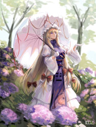 1girl absurdres artist_name blonde_hair bow commentary dated_commentary dress edz_drawz gloves hair_bow hat highres holding holding_umbrella long_hair long_sleeves mob_cap multiple_hair_bows outdoors parasol puffy_sleeves purple_eyes purple_tabard red_bow solo standing tabard touhou tree umbrella very_long_hair white_dress white_gloves white_hat wide_sleeves yakumo_yukari yin_yang