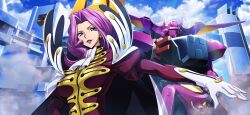 Rule 34 | 1girl, arm up, artist request, ascot, blue sky, breasts, cape, city, cloud, coat, code geass, code geass: lost stories, cornelia li britannia, day, female focus, forehead, game cg, glint, gloucester (code geass), gloves, hair intakes, happy, high collar, highres, juliet sleeves, large breasts, lipstick, long hair, long sleeves, looking at viewer, makeup, mecha, military uniform, non-web source, official art, outdoors, outstretched arm, parted lips, puffy sleeves, purple eyes, purple hair, purple lips, red coat, robot, sidelocks, sky, smile, smoke, solo, standing, teeth, upper body, v-shaped eyebrows, white ascot, white cape, white gloves