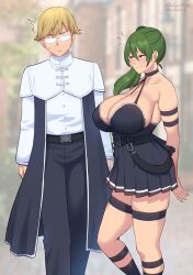 1boy 1girl allurmilk alternate_breast_size black_dress black_pants blurry blurry_background breasts choker cleavage cropped_legs dress glasses green_hair highres huge_breasts land_(sousou_no_frieren) large_breasts looking_at_another o-ring o-ring_choker opaque_glasses outdoors pants shirt side_ponytail sousou_no_frieren standing ubel_(sousou_no_frieren) white_shirt