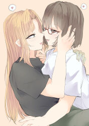 Rule 34 | 2girls, absurdres, anty the, black shirt, blonde hair, blue eyes, brown hair, commentary request, fang, hand in another&#039;s hair, hand on another&#039;s face, hand on another&#039;s shoulder, heart, highres, kamikoshi sorawo, long hair, multiple girls, nishina toriko, open mouth, red-framed eyewear, shirt, short hair, short sleeves, simple background, smile, spoken heart, urasekai picnic, white shirt, yellow background, yuri