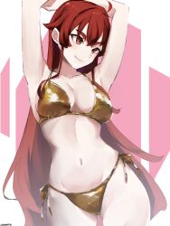 1girl absurdres armpits arms_behind_head arms_up artist_name bikini breasts cleavage closed_mouth collarbone cowboy_shot crossed_bangs curvy eris_greyrat gluteal_fold gold_bikini hair_between_eyes highres junarts large_breasts legs long_hair mushoku_tensei navel red_eyes red_hair side-tie_bikini_bottom smile solo string_bikini swimsuit thighs very_long_hair