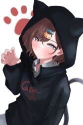 Rule 34 | 1girl, absurdres, animal ear hood, animal ears, asymmetrical bangs, black hoodie, blush, brown hair, cat ears, cat hair ornament, cat tail, claw pose, collared shirt, commentary request, fake animal ears, fish hair ornament, hair behind ear, hair ornament, highres, higuchi madoka, hood, hood up, hoodie, idolmaster, idolmaster shiny colors, looking at viewer, mole, mole under eye, print hoodie, purple eyes, saohahu, shirt, short hair, simple background, solo, tail, upper body, white background, white shirt