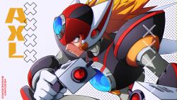 Rule 34 | 1boy, absurdres, android, armor, artist name, axl (mega man), black armor, brown hair, character name, chest jewel, cross scar, dual wielding, finger on trigger, forehead jewel, green eyes, gun, helmet, highres, holding, holding gun, holding weapon, long hair, male focus, mega man (series), mega man x (series), red helmet, scar, scar on face, simple background, solo, spiked hair, twitter username, weapon, white background, windnevermind