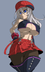 1girl alisa_ilinichina_amiella bare_shoulders blue_eyes boots breasts brown_pantyhose newsboy_cap cleavage elbow_gloves fingerless_gloves gloves god_eater grey_hair hat huge_breasts lips long_hair looking_at_viewer navel open_mouth pantyhose plaid_clothes plaid_skirt semikichi simple_background single_elbow_glove skirt solo suspender_skirt suspenders suspenders_slip thigh_boots underboob