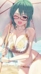 .live 1girl ;d absurdres beach bikini black-framed_eyewear blush breasts collarbone commentary floral_print floral_print_bikini glasses green_eyes green_hair gyo_hasu highres holding holding_umbrella kagura_suzu_(.live) large_breasts long_hair one_eye_closed open_mouth parasol semi-rimless_eyewear sidelocks smile solo swimsuit umbrella under-rim_eyewear virtual_youtuber wet white_bikini