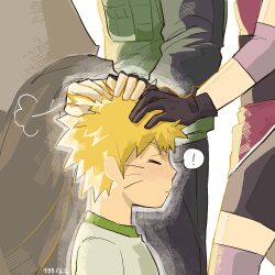 ! 1girl 3boys artist_name black_gloves blonde_hair brown_cloak cloak closed_eyes closed_mouth facial_mark fingerless_gloves gloves haruno_sakura hashtag-only_commentary hatake_kakashi headpat highres konohagakure_shinobi_uniform long_sleeves multiple_boys naruto:_the_last naruto_(classic) naruto_(series) ns195122 out_of_frame short_hair team_7_(naruto) time_paradox uchiha_sasuke uzumaki_naruto whisker_markings white_background