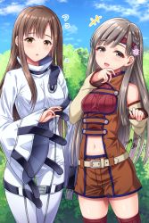 +++ 2girls :d belt blue_sky blush bodysuit braid breasts brown_dress brown_eyes brown_hair c.c. c.c._(cosplay) clothing_cutout code_geass commentary_request cosplay cowboy_shot dated detached_sleeves dress flower flying_sweatdrops grey_eyes grey_hair hair_flower hair_ornament hand_on_own_chin headband highres idolmaster idolmaster_cinderella_girls kouzuki_kallen kobayakawa_sae kouzuki_kallen_(cosplay) long_hair looking_at_viewer mizumoto_yukari multiple_girls navel navel_cutout open_mouth parted_lips red_legwear side_braid signature sky sleeveless sleeveless_turtleneck small_breasts smile standing straitjacket thighhighs tree turtleneck white_belt white_bodysuit wide_sleeves yoohi zettai_ryouiki