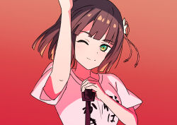 Rule 34 | 1girl, ;), arm up, black hair, blunt bangs, blunt ends, blush, bob cut, breasts, clothes writing, commentary request, flower, flower knot, gradient background, green eyes, hair flower, hair ornament, haji wa jinsei no kakisute, highres, link! like! love live!, looking at viewer, love live!, medium breasts, microphone, microphone stand, momose ginko, nogreen, one eye closed, red background, shirt, short hair, short sleeves, simple background, smile, solo, split mouth, t-shirt, upper body, white flower, white shirt