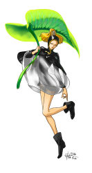 1girl bad_id bad_pixiv_id blackmore blonde_hair change_ring dress female_focus genderswap genderswap_(mtf) highres jojo_no_kimyou_na_bouken leaf_umbrella ponytail signature simple_background solo steel_ball_run white_background