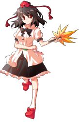 1girl alphes_(style) black_bow black_bowtie black_hair black_skirt bow bowtie breasts closed_mouth commentary_request dairi frilled_skirt frills full_body geta hand_fan hat holding holding_fan kneehighs large_variant_set looking_at_viewer medium_breasts parody puffy_short_sleeves puffy_sleeves red_eyes red_shoes shameimaru_aya shirt shoes short_hair short_sleeves skirt socks solo style_parody tachi-e tengu-geta tokin_hat touhou transparent_background variant_set white_shirt white_socks