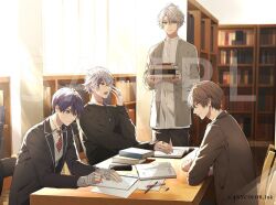 Rule 34 | 4boys, bandaged hand, bandages, black jacket, black pants, black shirt, blazer, blue eyes, book, book stack, bookshelf, brown eyes, brown hair, brown jacket, cardigan, chair, closed mouth, collared shirt, copyright notice, covering own mouth, cowboy shot, dress shirt, earrings, fuwa minato, green eyes, grey cardigan, grey hair, grey sweater vest, hair between eyes, holding, holding book, holding pen, inaotteko ze, jacket, jewelry, kagami hayato, kaida haru, kenmochi touya, kenmochi touya (1st costume), library, long sleeves, looking at another, male focus, multicolored hair, multiple boys, necklace, necktie, nijisanji, notebook, official art, one eye closed, open book, open clothes, open jacket, open mouth, pants, pen, pencil case, pink hair, plaid clothes, plaid necktie, purple eyes, purple hair, reading, red necktie, rof-mao, sample watermark, shirt, short hair, sitting, smile, standing, streaked hair, studying, sweater vest, table, upper body, virtual youtuber, watermark, white shirt, writing, yawning