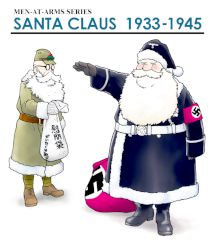 Rule 34 | 2boys, armband, beard, belt, black santa costume, blue eyes, boots, character name, christmas, coat, facial hair, germany, gesture, glasses, gloves, green santa costume, hat, hayami rasenjin, imperial japanese army, japan, male focus, military, military hat, military uniform, multiple boys, nazi, osprey publishing, parody, sack, salute, santa claus, santa costume, santa hat, simple background, straight-arm salute, swastika, translated, white background, white belt, world war ii