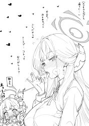 Rule 34 | 1girl, aru (blue archive), blue archive, check translation, embarrassed, fellatio gesture, gloves, halo, highres, horns, kirimmitsu, lineart, long hair, looking at viewer, meme, monochrome, next time you&#039;re getting this (meme), open mouth, partially translated, ribbon, shirt, speech bubble, tongue, tongue out, translation request