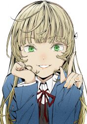 1girl absurdres blonde_hair blue_jacket blunt_bangs collared_shirt commentary_request dress dress_shirt green_eyes grey_dress grin heanna_sumire highres index_finger_raised jacket long_sleeves looking_at_viewer love_live! love_live!_superstar!! neck_ribbon open_clothes open_jacket red_ribbon ribbon school_uniform shirt simple_background smile solo tommer upper_body white_background white_shirt winter_uniform yuigaoka_school_uniform