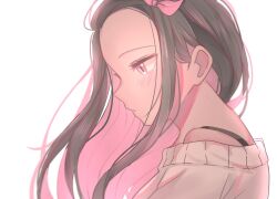 1girl blush brown_hair close-up closed_mouth commentary floating_hair gomi_(gomiko_art) highres kamado_nezuko kimetsu_no_yaiba looking_down pink_eyes simple_background solo upper_body white_background